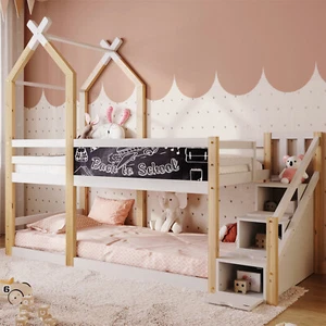 Kinderbett Etagenbett Hochbett 90x200 Hausbett mit Stauraum Treppe Natur & Weiß - Bild 1 von 15