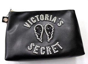 Victoria's Secret Pearl Sequin Patch Angel Wings Cosmetic Beauty Bag Case Black - Picture 1 of 5
