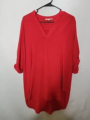 Blusa túnica Gibson & Latimer roja manga enrollable cuello en V popover para mujer talla pequeña Foto 1 de 4