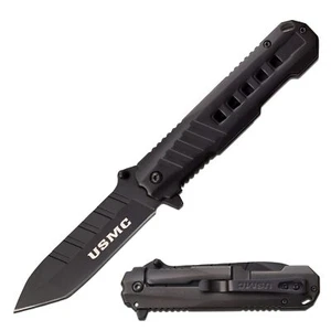 USMC - Spring Assisted Open Folding Knife - Black Stainless Steel Tanto Blade, - Picture 1 of 4