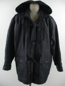 Men's L XL Wilsons Black Leather Duffle Toggle Coat Parka Hooded Insulated Long - Picture 1 of 21
