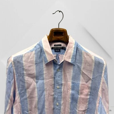 Island Company Shirt Mens m medium Blue Pink Striped Linen Button Front Preppy - Image 1 of 4