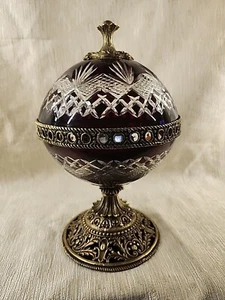 Rare Vintage Large Ruby Red Cut Glass To Clear Ornate Bronze Trimmed Lidded... - Picture 1 of 11