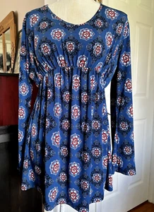 Made by Johnny Peplum Top Large Blue Floral Princess Waist Bell Tunic Hipster - Picture 1 of 12