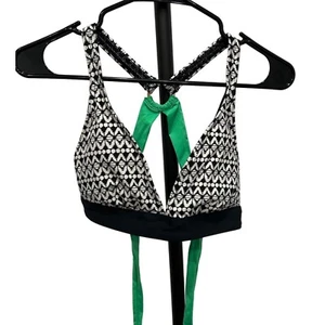 Jag Bikini Top Swimsuit Black White Geometric Print Green Ties Back Strap Sz M - Picture 1 of 8