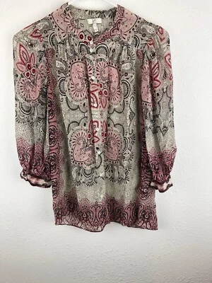 Joie кнопка спереди верхний чистый SZS бордовый черный пейсли 3/4 рукав блузка A19 - Изображение 1 из 4