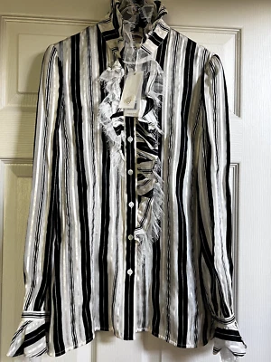 TORY BURCH 2022 NUEVAS ETIQUETAS BLUSA SEDA CRUDO NEGRO RIBETE ENCAJE TALLA EU4 US6-8 $557 Foto 1 de 4