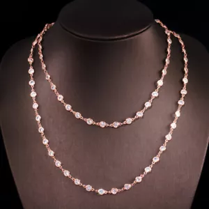 Rose Gold Plated Round Cubic Zirconia Long Chain Tennis Necklace for Women Party - Picture 1 of 13