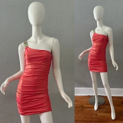 Vintage 90s Coral One Shoulder Y2K Body Con Party Mini Dress XS - Image 1 of 4