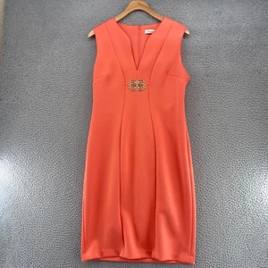Calvin Klein Dress Womens 10 Peach Pink Sheath Scuba Knit Gold Detail Sleeveless - Picture 1 of 11