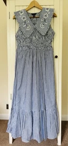 NEW LOOK Blue White Stripes Smocked Fit Flare Embroidered Long Summer Dress.UK12 - Picture 1 of 19