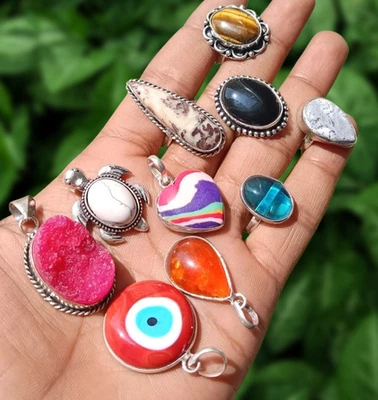 Conjunto de pingentes de anéis folheados a prata esterlina 925 âmbar e pedra preciosa mista do Báltico - Imagem 1 de 4