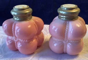 Consolidated/ Fostoria Antique Pink Milk Glass Bale Shakers Silver Shell Lids - Picture 1 of 12
