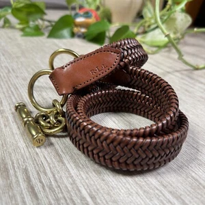 Vintage Lauren Ralph Lauren Belt Leather Brass Braided Toggle Stretch Woven M - Picture 1 of 5