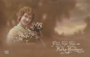 GLAMOUR JOVEN FRANCESA CON FLORES FOTO REAL POSTAL - Imagen 1 de 2