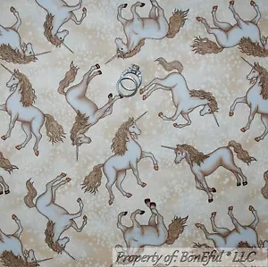 BonEful Fabric Cotton Quilt White Gold Princess Unicorn Horse Girl Summer SCRAP - Picture 1 of 13