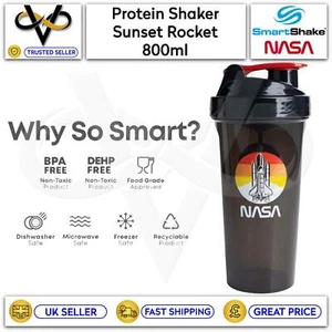 Botella de batido inteligente 800 ml agitador de proteínas Lite NASA puesta de sol cohete negro libre de BPA - Imagen 1 de 5