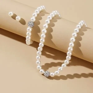 Halskette Armband Ohrringe Perlen Strass 3er Set Silber Geschenk - Bild 1 von 5