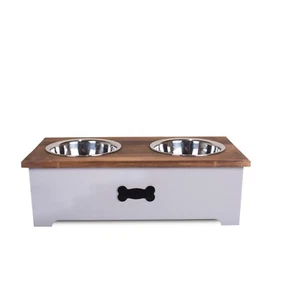 Luxury Dog Food Feeding Stand Station Stainless Double Raised Bowls Wooden Crate - Picture 1 of 12