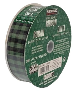 Kirkland Signature Wire Edged Green and Black Plaid Ribbon 50 yards X 1.5 inches - Picture 1 of 3