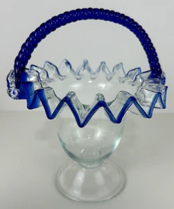 Blown Clear Art Glass Basket W/ Cobalt Blue Trim Twisted Handle Sharp Ruffle  - Picture 1 of 15