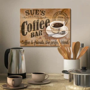 PERSONALISED KITCHEN COFFEE SIGN RUSTIC OAK EFFECT WALL PLAQUE NOVELTY GIFT - Picture 1 of 8