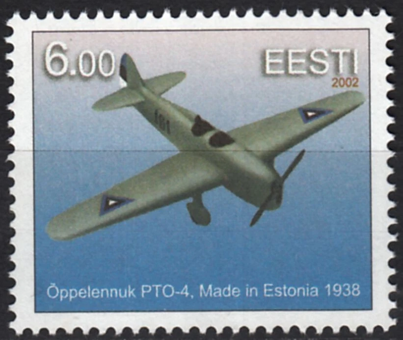 Марка 2002 г. учебно-тренировочный самолет PTO-4 1938 г. Эстония Эстленд как новая без наклеек и следов - Изображение 1 из 1