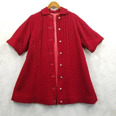 复古家居外套女式 L 柔软红色天鹅绒水钻纽扣绗缝秋千长袍 — 第 1/4 张图片