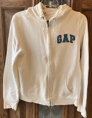 Женская толстовка с капюшоном GAP на молнии размер средний овсянка кремовый цвет синий логотип Y2K б/у в отличном состоянии - Изображение 1 из 4