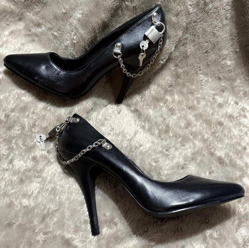 Pleaser Seduce432 Tacones de Cuero Negro Cadena Cerradura con Llave Bailarina Mujer Talla 9 NUEVO Foto 1 de 4