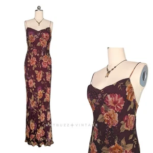 Vintage Silk Slip Dress Maxi Gown 12 Red Floral Y2K 90s Prom Bead Grunge Bias - Picture 1 of 13