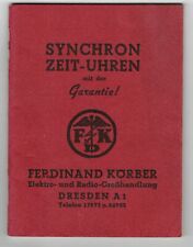 Katalog Synchron Zeit Uhren Ferdinand Körber Dresden 1930er 