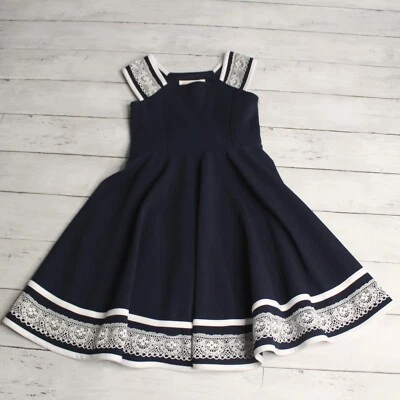 Vestido náutico Bonnie Jean para niña talla 5 azul marino blanco encaje sin mangas columpio Foto 1 de 4