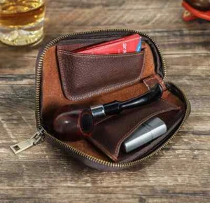 Genuine Leather Smoking Tobacco Pipe Pouches Case Lighter Bag Pipe Travel Holder - Picture 1 of 7