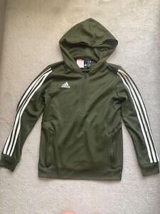 USED BOYS ADIDAS CLIMALITE HOODED JUMPER BOTTLE GREEN 11-12YRS 