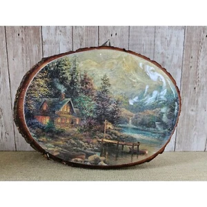 Vintage Live Edge Wood Slab Foil Art Lakeside Cabin Michigan 10.25" - Picture 1 of 6