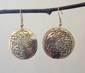 Birds In The Clouds Handmade Brass Earrings Casual Drop, Acid Etched, Vintage - Picture 1 of 3