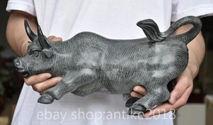 15.2" Chinese Natural Xiu Jade Carving Fengshui Ox Cattle Statue Sculpture - Picture 1 of 12