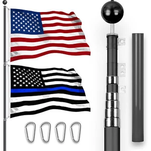 20 Ft Telescoping Flagpole Black & American and Thin Blue Line Flags Spun 3x5 Ft - Picture 1 of 9