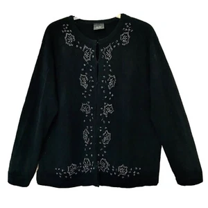 PEM America Vintage '90s Womens Large Black Beaded Design Long Sleeve Cardigan - Picture 1 of 7