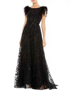 Mac Duggal Black Feather Cap Sleeve Embroidered Beaded A-Line Gown Size 14 $798 - Picture 1 of 3
