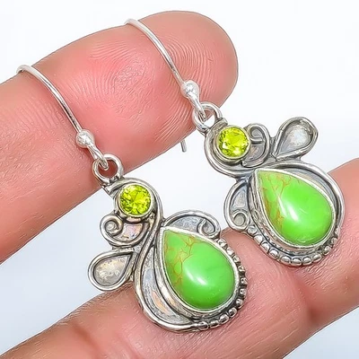 Copper Green Turquoise Silver Plated Earring 1.56" E1765-7, Christmas Gift - Image 1 of 3