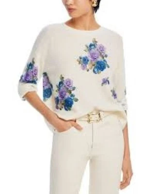 Suéter C by Bloomingdale's Cashmere Floral Ramo Cuello Redondo Talla S en Marfil Foto 1 de 2
