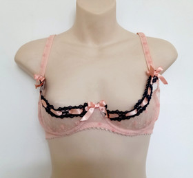 AGENT PROVOCATEUR Pink Black Lace & Ribbons Open Cup Balconette Bra size 34C
