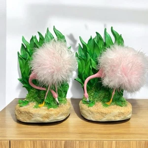 Pink Flamingo Bookends Pair – Heavy Resin with Fluffy Feathers – Tropical Coast - Picture 1 of 12