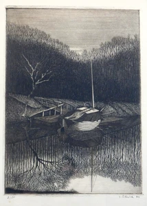 CZECH ORIGINAL ETCHING NIGHT REFLECTIONS BY SURREALIST ARTIST JINDRICH PILECEK - Picture 1 of 6