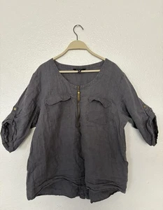 Tunica Ellen Tracy 100% lino Popover taglia XLGray manica a linguetta oro nappa zip - Foto 1 di 8