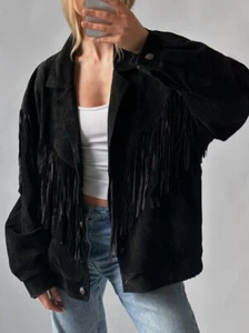 Women's Vintage Fringe Leather Jacket, Black Suede Leather Oversized Jacket - Picture 1 of 6