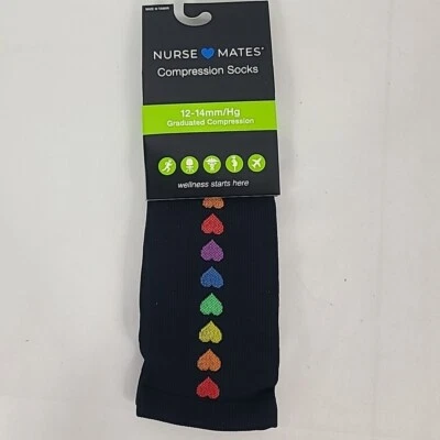 NWT Nurse Mates Compression Socks 'Rainbow Hearts' Black sz 9-11 - Image 1 of 4