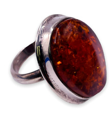 925 Sterling Silver Baltic Amber Oval Large Chunky Modernist Ring Size 8